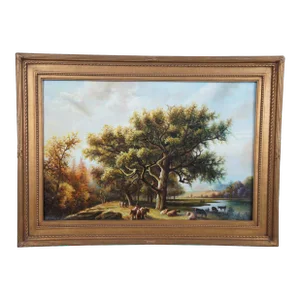 20th Century Realist Pastoral Landscape Oil Painting on Canvas Countryside Cows, Framed