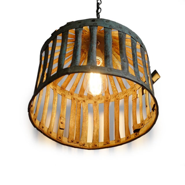 Vintage Farmhouse Industrial Iron Basket Cage Pendant Light For Sale - Image 4 of 7