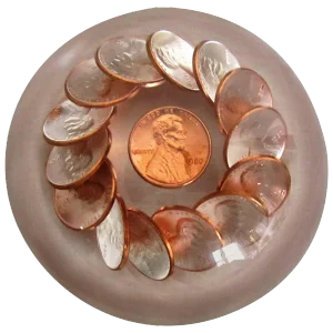 80s Modern Lucite Copper Penny Paperweight Decorative Object