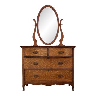 Antique Tiger Oak Four Drawer Dresser W/ Mirror For Sale
