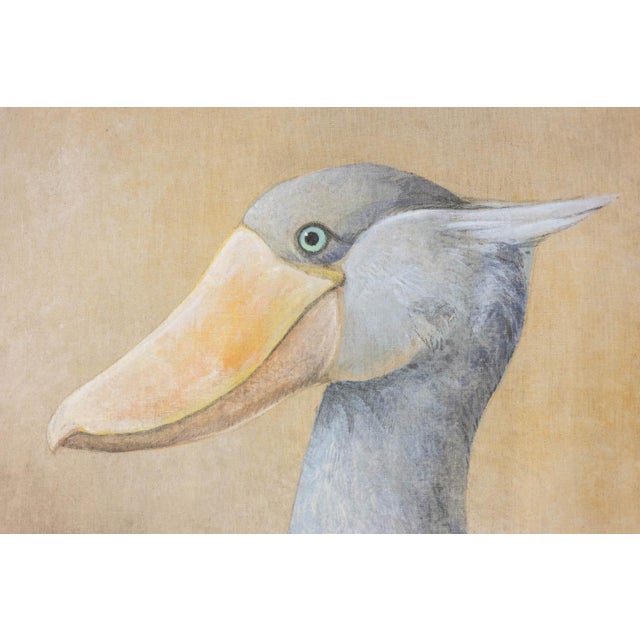 Painted canvas, or decorative panel, representing a bird, more precisely a Nile shoebill. Contemporary French work of...