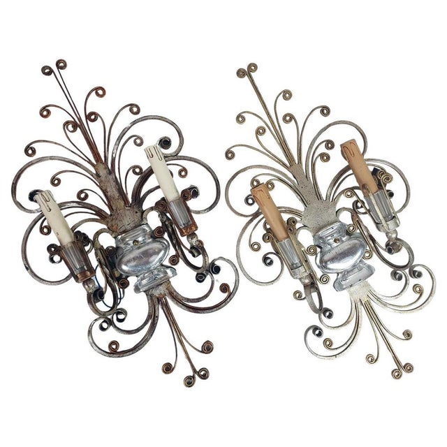 Silver Silvered Wrought Iron and Glass Wall Lights attributed to Banci, Italy, 1940s, Set of 2 For Sale - Image 8 of 8