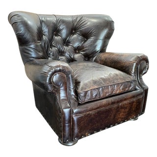 Rh Churchill Leather Chair With Nailheads Vintage Ebony Leather | Down-Feather Fill | Classic Depth For Sale