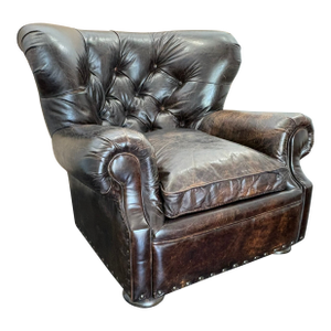 Rh Churchill Leather Chair With Nailheads Vintage Ebony Leather | Down-Feather Fill | Classic Depth