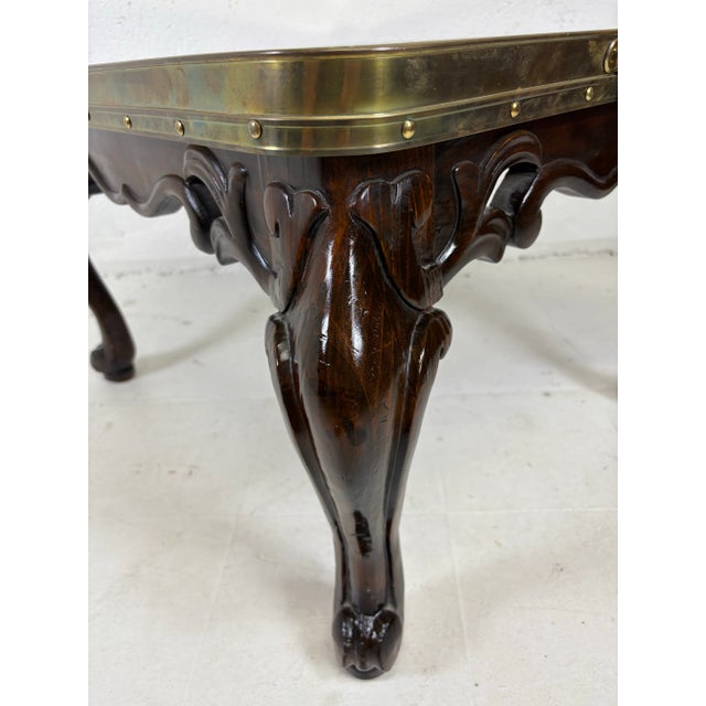 1990s Vintage Hand Carved Pine and Brass Galley Tray Side Table For Sale - Image 5 of 12
