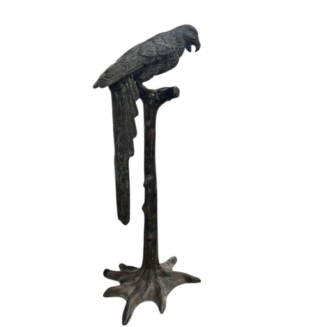 1990s Vintage Cast Bronze Perched Parrot Sculpture on Naturalistic Tree Stump Base For Sale - Image 5 of 12
