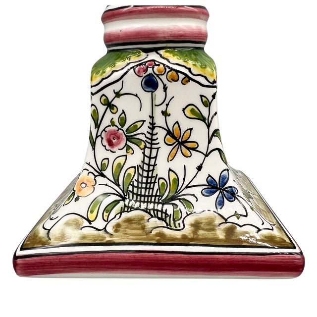 Pair of Hand-Painted Portuguese Faience Candlesticks by C. Melo With Birds, Dog, Castle & Deer – Folk Art / European Traditional For Sale - Image 17 of 18