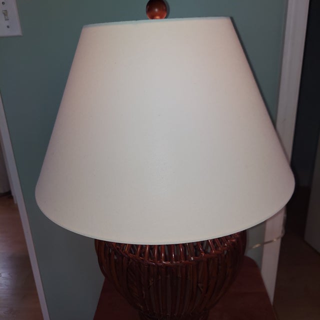 Wood Late 20th Century Woven Rattan Basket Table Lamp With White Shade For Sale - Image 7 of 9