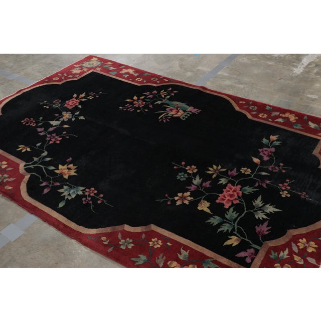 Rug & Kilim Vintage Chinese Art Deco Rug in Red and Black With Floral Patterns - Rug & Kilim For Sale - Image 4 of 9