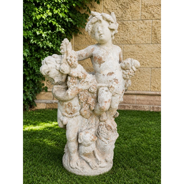 Large Garden Sculpture with Putti and Garlands in Reconstituted Stone, 1950s For Sale - Image 6 of 6
