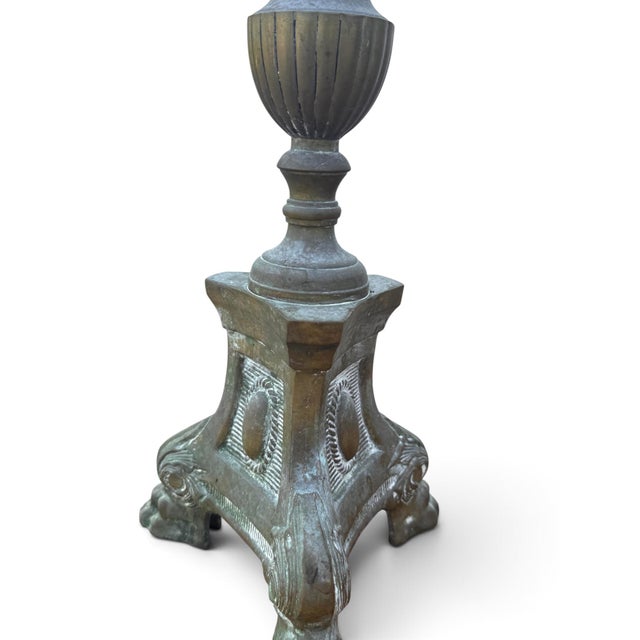 Metal Pair of Tall Neoclassical Empire Style Patinated Brass Candlesticks, 28.25” For Sale - Image 7 of 9