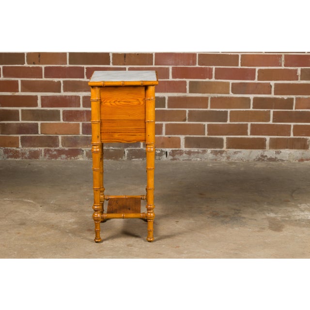 French 19th Century Pine Faux Bamboo Side Table with Marble Top, Door and Drawer For Sale - Image 10 of 12