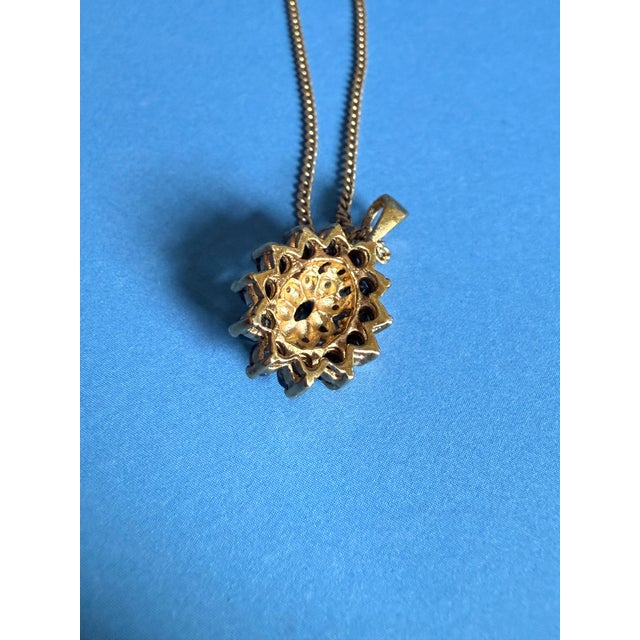 Vintage Victorian Revival Sapphire & Diamond Cluster Pendant Necklace With 14k Gold Chain For Sale - Image 11 of 16