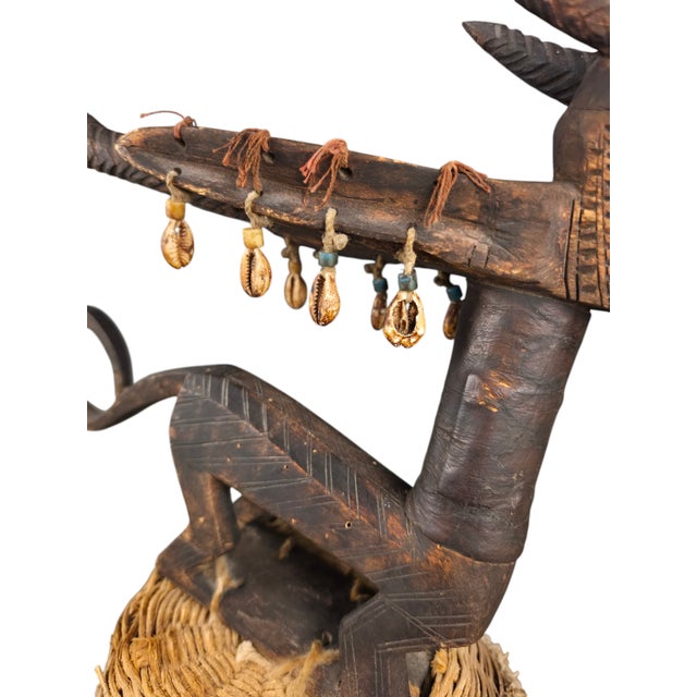 Brown Early 20th Century Bamana Horizontal Chi Wara Antelope Headdress With Basket Cap For Sale - Image 8 of 9