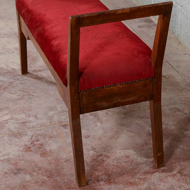 Small Wooden Bench Upholstered in Red Art Deco Velvet, 1940s For Sale - Image 16 of 18