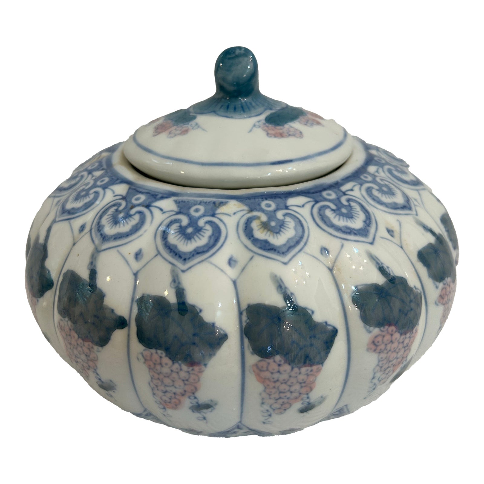 Vintage Blue White and Pink Chinoiserie Pumpkin Shaped