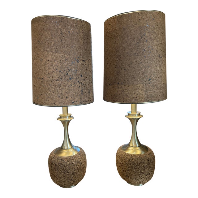 Pair of Honi Chilo Cork & Brass Mid-Century Table Lamps - A Pair For Sale