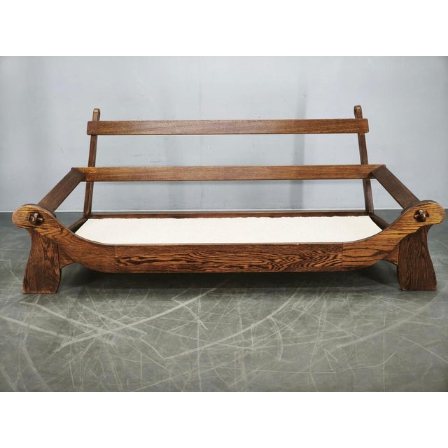 Brutalist Oak and Bouclé 3-Seater Sofa, Former Czechoslovakia, 1970s For Sale - Image 6 of 17