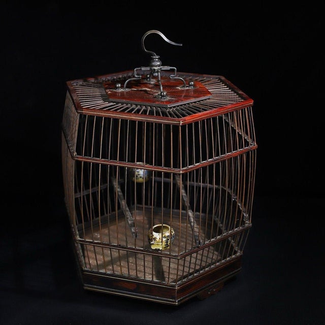 Vintage Chinese Huali Rosewood Hexagonal Bird Cage With Matching 60cm Wooden Pole For Sale - Image 10 of 10