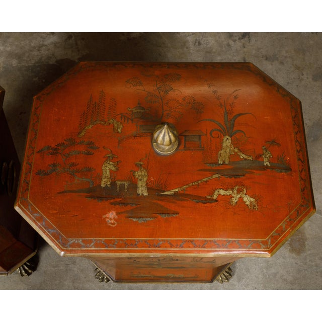 19th Century English Victorian Red Lacquer Cellarettes with Chinoiseries - a Pair For Sale In Atlanta - Image 6 of 12