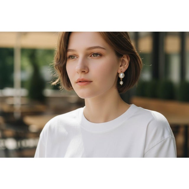 1990s 14kt Yellow Gold Double Drop Pearl Dangle Hoop Earrings, A Pair For Sale - Image 4 of 10