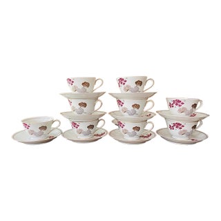 Vintage Noritake Geranium Burgundy and Gray Teacups and Saucers - Set of Nine (9) For Sale