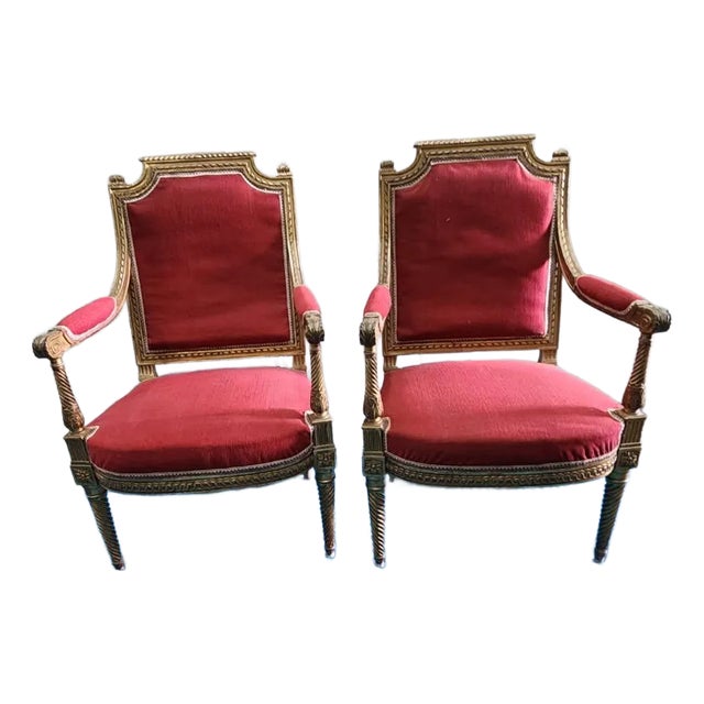 Mid 20th Century Pair of French Louis XVI Style Giltwood Armchairs For Sale