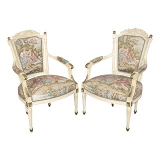 Early 20th C Pair Louis XVI Style Creme Painted W/ Gold Accent Armchairs For Sale