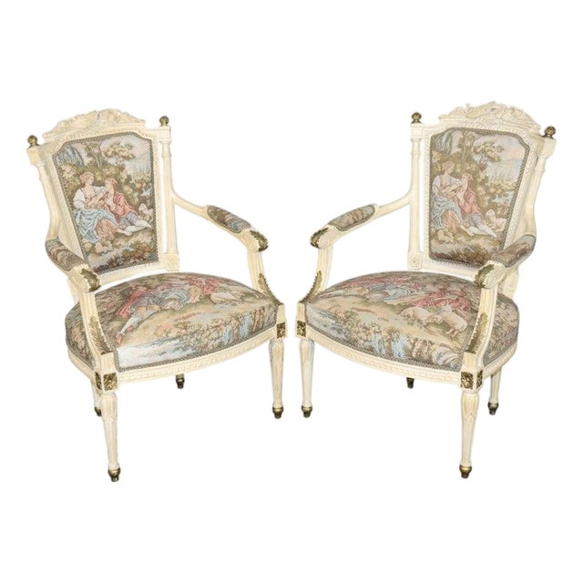 Early 20th C Pair Louis XVI Style Creme Painted W/ Gold Accent Armchairs For Sale