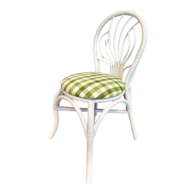 Set of 3 White Rattan Dining Chairs With Green Gingham Cushions For Sale In West Palm - Image 6 of 9