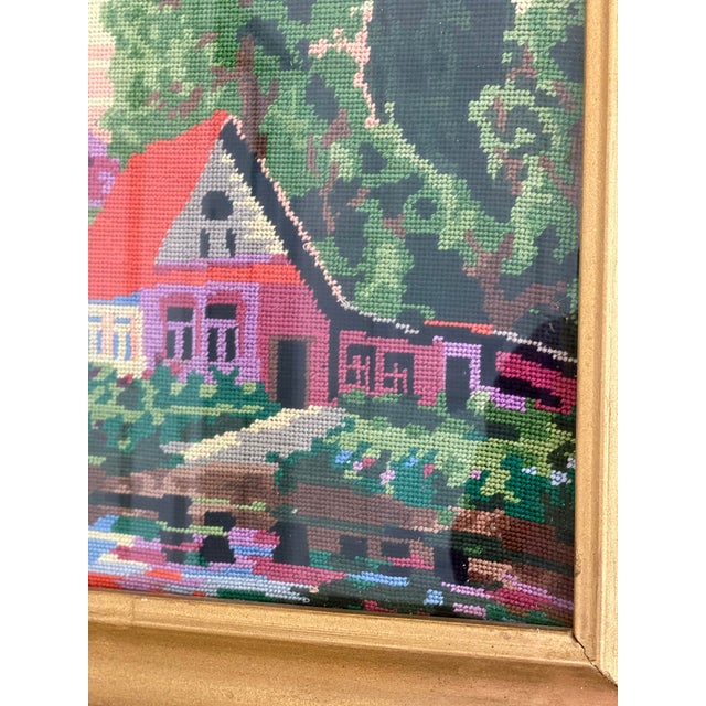Vintage 1960s Gilt-Framed Needlepoint Landscape Artwork - a Pair For Sale - Image 4 of 11