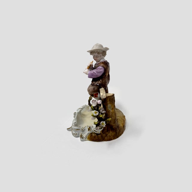 Sitzendorf German Porcelain Spill Vase Figurine – Boy Playing Flute on Fence For Sale - Image 4 of 8