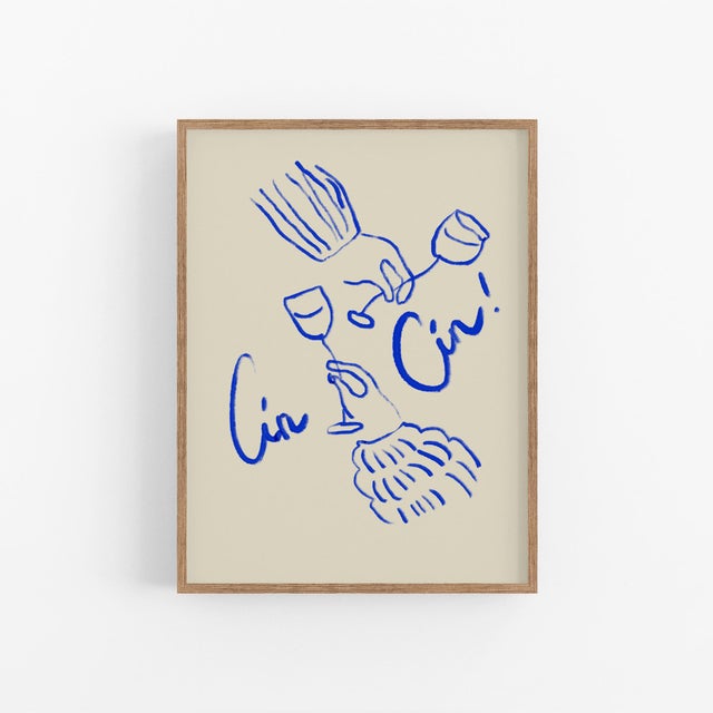 Abstract open edition giclee print. 20"x28" Vivid blue lines naive drawing of hands and glasses of wine on beige...