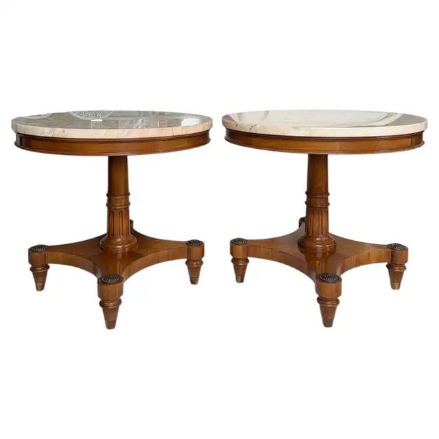Weiman Pair of Weiman "Heirloom" Round Mahogany and Marble Pedestal Side Tables, MCM For Sale - Image 4 of 13