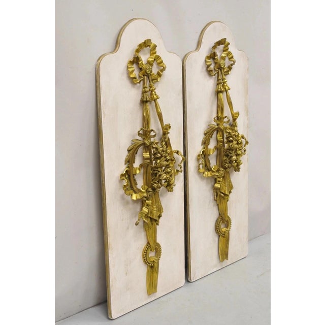 Antique French Louis XV Style Gold Gilt Bronze Ribbon & Drape Large Wall Plaque Sconces - a Pair. Item features stunning...