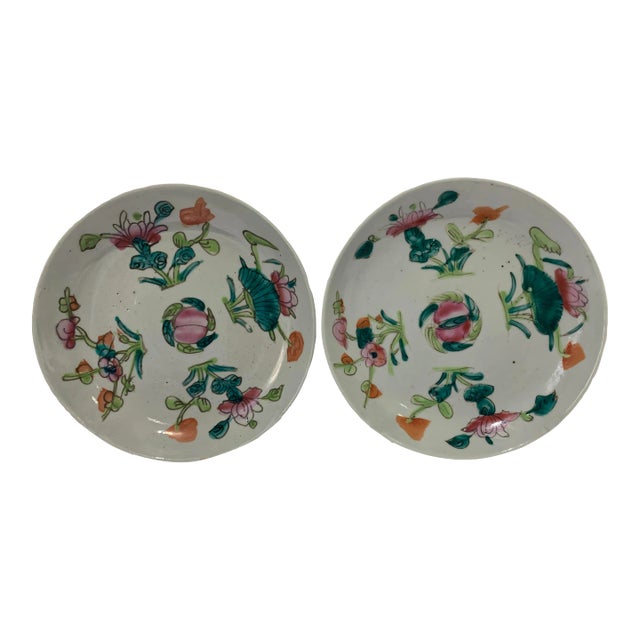 19th Century Pair of Antique Chinese Porcelain Plate Famille Rose Peach Fruit Lotus Flowers For Sale