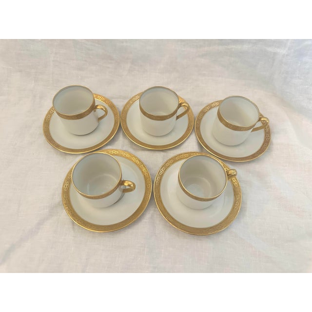 Limoges, France Vintage C.Ahrenfeldt Limoges 24kt Gold Rim Set of 5 Demitasse Cup/Saucer Set - 10 pcs For Sale - Image 4 of 7