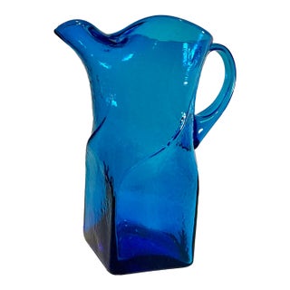 Vintage Morgantown Glass #9844 Swirl Blue Brutalist Art Glass Pitcher - 11” For Sale