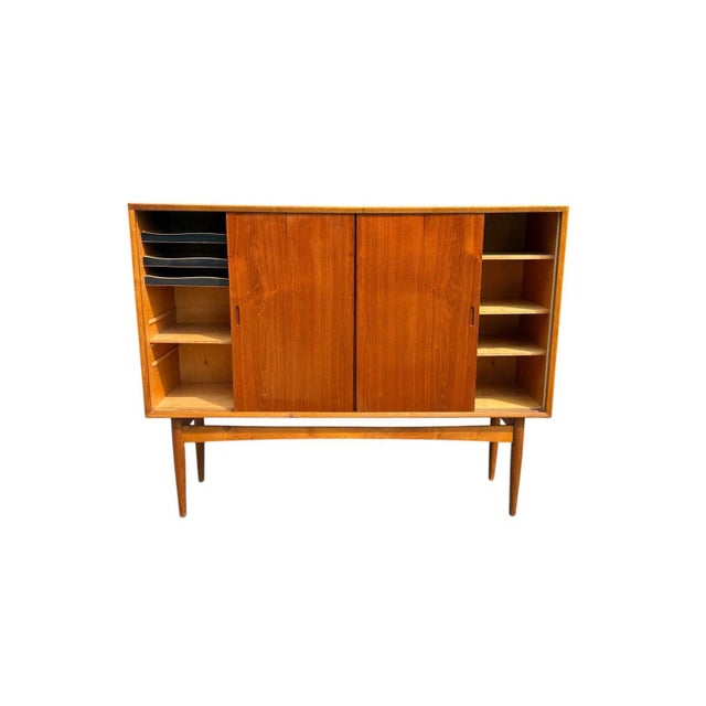 Danish Modern Teak & White Oak Highboard | Three Sliding Doors | C. 1960s For Sale - Image 6 of 9