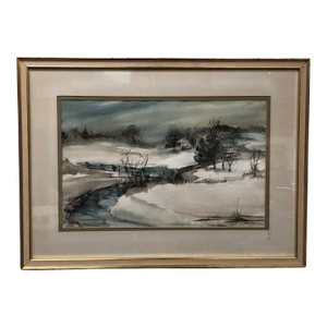 "Frozen in Tranquility" - Mid 20th Century Landscape Original Watercolor Painting Signed, Framed