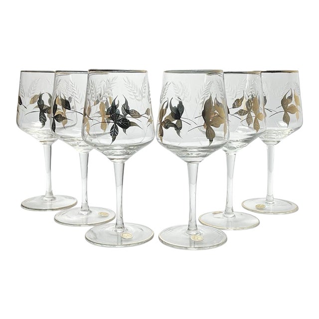 1960s Vintage Mid-Century 6 Gold Leaf & Etched Wheat Wine Glasses For Sale