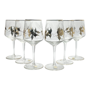 1960s Vintage Mid-Century 6 Gold Leaf & Etched Wheat Wine Glasses