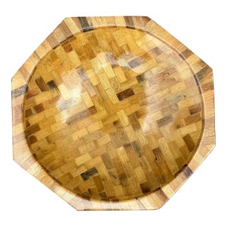 Vintage Parquet Rattan Wood Bowl For Sale