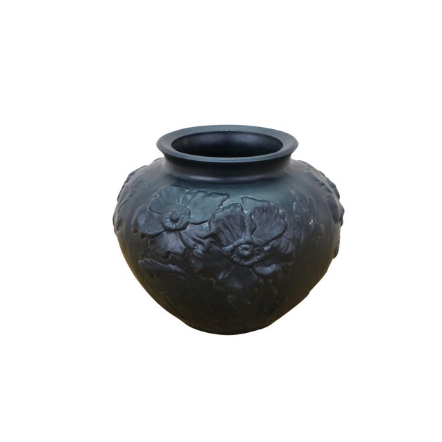 Antique Art Nouveau Tiffin black amethyst satin glass vase featuring an embossed poppy / poppies motif, circa 1930s. Black...