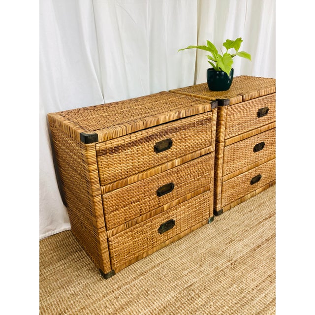 Vintage Pair of Woven Rattan Chest on Chest Dressers Boho Chic Campaign Style For Sale - Image 14 of 15