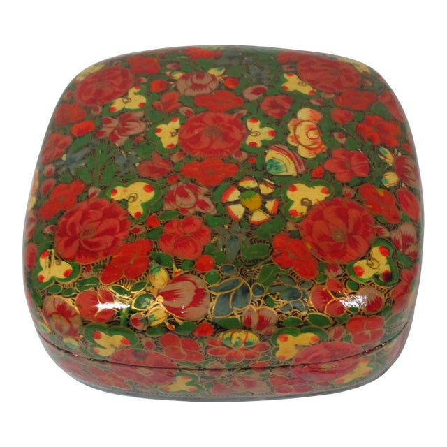 1970s Kashmir Papier Mache' Floral Box For Sale