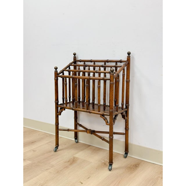 Vintage Magazine Rack English Canterbury Dark Faux Bamboo Wheels Rare Find For Sale - Image 4 of 10