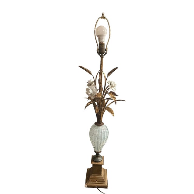 1950s Hollywood Regency Murano Style Glass Fratelli Toso Attributed Wheat Floral Brass Table Lamp For Sale - Image 9 of 12