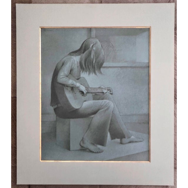 Original Signed Henderson "Study for Guitar" Pencil and White Wash Sketch in Grey Linen and Gold Matting. Pencil and white...