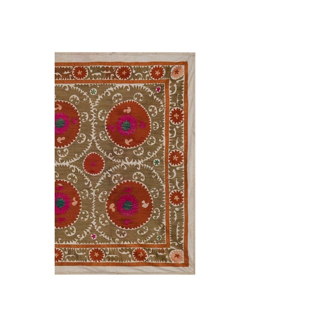 Mid-Century Modern Decorative Suzani Embroidery | Olive Green Living Room Wall Hanging 6'11'' X 10'3'' For Sale - Image 3 of 15
